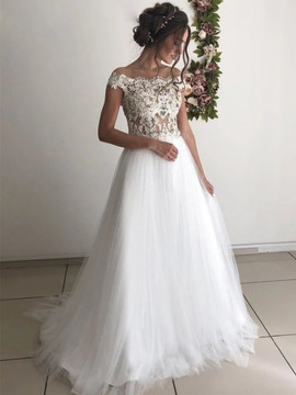 Shop 2020 Sheer Back Off the Shoulder Round Neck Tulle White Lace Wedding Dress Under 200