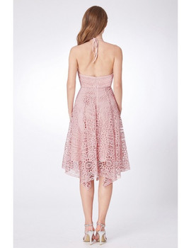  Lace Short Pink  Spaghetti Halter High Low Bridesmaid Dress