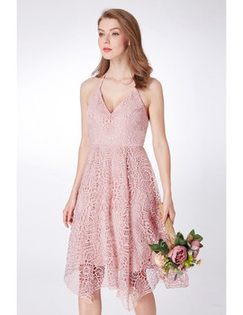 Lace Short Pink  Spaghetti Halter High Low Bridesmaid Dress