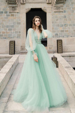 Shop Beautiful Mint Tulle Long Sleeves V Neck Beading Prom Dress With Low Price