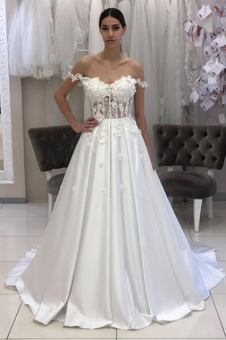 Purchase 2020 Spring White Off The Shoulder Satin Floral Floor Length Wedding Dress Online