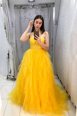 Shop Beautiful 2020 Yellow Sweetheart Ruffles A Line Tulle Long Prom Dress Under 200