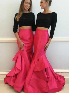 Shop Beautiful 2020 Two Piece Long Sleeve Black And Fuchsia Satin Beading Prom Dress Under 200