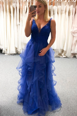 Shop 2020 Sexy Blue V Neck Ruffles Appliques Tulle Lace Long Prom Dress From Annakoo