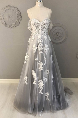 Shop 2020 Unique Gray Lace Off The Shoulder Appliques Tulle Long Prom Dress  Under 150