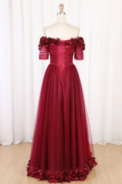 Shop 2020  Burgundy Tulle Off The Shoulder Flowers Long Prom Dress  Under 100