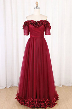 Shop 2020  Burgundy Tulle Off The Shoulder Flowers Long Prom Dress  Under 100