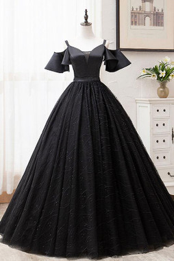 Shop 2020 Ball Gown Black Tulle Lace Sweetheart Short Sleeves Long Prom Dress Under 200