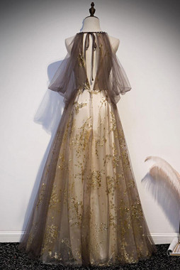 Shop 2020 New Arrival Champagne Tulle Lace Long Appliques Prom Dress Under 150