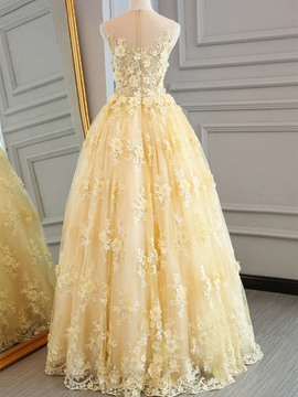 Shop 2020 Daffodil Floor Length Round Neck Appliques Yellow Lace Prom Dress From Annakoo