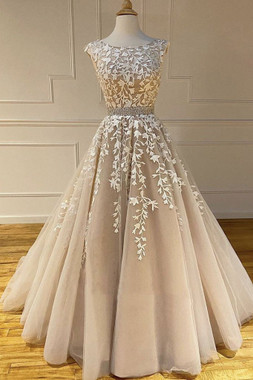 Shop 2020 Spring Champagne Round Neck Appliques Tulle Lace Long Prom Dress Under 200