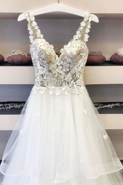 Shop Cheap 2020 Beading Tulle Lace White V Neck Appliques Long Prom Dress Under 200