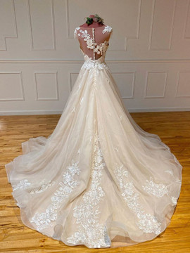 Shop 2020 Champagne Round Neck A Line Flower Tulle Lace Long Prom Dress Under 200