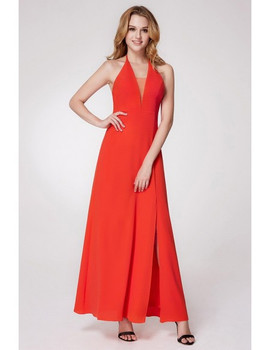 Long Slit Front Halter Orange Bridesmaid Dress