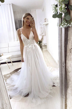  Wear a classic White V Neck Appliques Tulle Lace Long Prom Dress For 2020 Prom