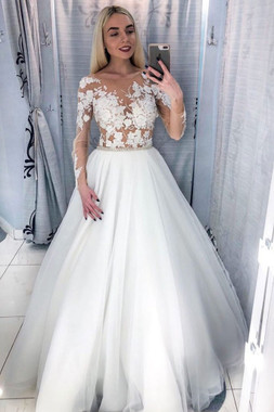 Free shipping Long Sleeves White Round Neck Tulle Lace Long Prom Dress up to 80% off