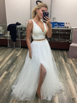 Shop Beautiful 2020 V Neck Two Piece Beading White Prom Dresses With Slit Under 200