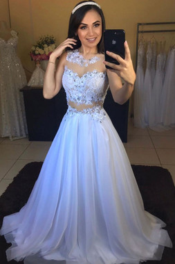 Shop Beautiful 2020 White Round Neck Beading Tulle Lace Long Prom Dress Under 200