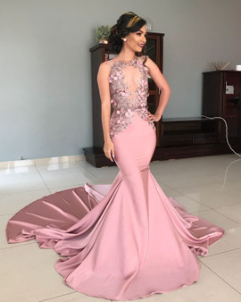 Shop Beautiful Mermaid Sleeveless Sexy Sheer Tulle Pink Lace Appliques Prom Dress Under 200