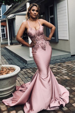 Shop Spaghetti Straps Cheap Beads Appliques Open Back Mermaid Pink Prom Dress With Low Price