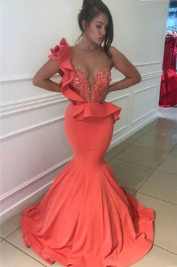 Shop 2020 Unique Orange One Shoulder Sleeveless Long Sexy Mermaid Prom Dress From Annakoo