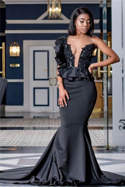 Shop 2020 Unique Mermaid Sexy Sheer Tulle Court Train Appliques Black Prom Dress Under 200