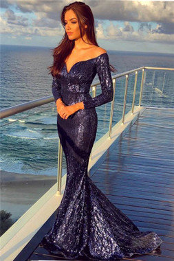 Shop 2020 New Design  Off The Shoulder Sexy Mermaid Long Sleeves Sequins Evening Gown Under 140