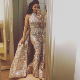 Gold 2020 Silver Beads Appliques High Neck Champagne Overskirt Prom Dress Under 200