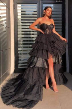 Shop Beautiful 2020 Sweetheart Tiered Ruffles Black Hi-Lo Tulle Sexy Prom Dress Under 200