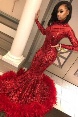 Shop Cheap 2020 Long Sleeve Mermaid Sexy Sequins Appliques Feather Red Prom Dresses Under 300