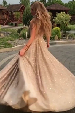 Buy 2020 Sparkle Open Back Champagne Round Neck Gold Sequins Prom Dress Under 150