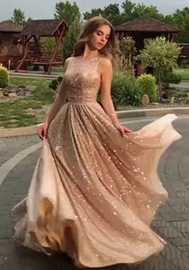Buy 2020 Sparkle Open Back Champagne Round Neck Gold Sequins Prom Dress Under 150