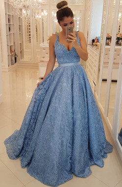 Shop 2020 Unique V-neck Lace Long Blue Beading Straps Cheap Prom Dress From Annakoo