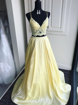 Shop Cheap V Neck Two Pieces Yellow Lace Top Long Satin Prom Dress Under 130
