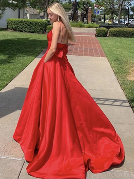 Shop 2020 Cheap A Line V Neck Red Satin Long Prom Dress With Bowknot With Low Price