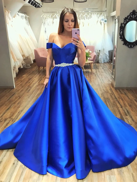 Shop Cheap 2020  Off The Shoulder Royal Blue Long Satin Beading Prom Dress Under 150