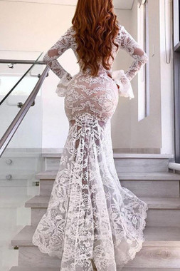 Shop 2020 New Arrival White Long Sleeve Sexy V-neck Long Lace Prom Dress With Slit From China
