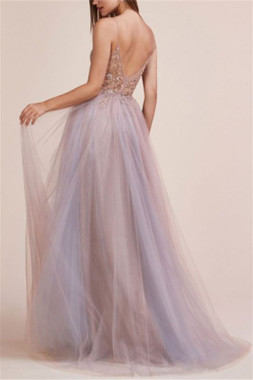 Buy Backless 2020 Spaghetti-Straps Appliques Beading Tulle Champagne Side-Slit Prom Dress From Annakoo