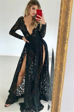 Shop 2020 V-Neck Lone Sleeves Side-Slit Sexy Black Lace Prom Dress Under 159