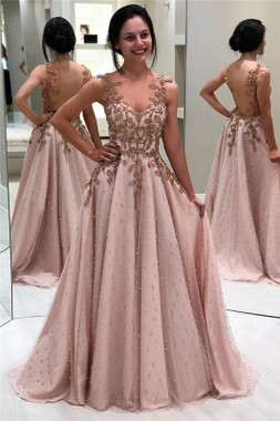 Shop 2020 Appliques Beading Champagne Tulle  Backless A-Line Prom Dress Under 200