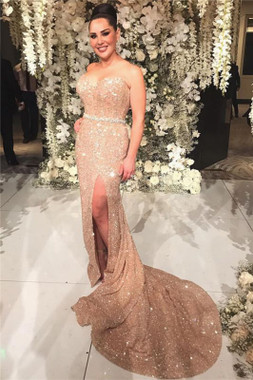 Shop 2020 Champagne Gold Sequins Long Sexy Slit Cheap Prom Dress From Annakoo