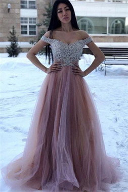 Shop Cheap 2020 Off-The-Shoulder Champagne Appliques A-Line Tulle Prom Dress At Great Prices