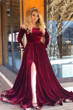 Shop For The Perfect  Burgundy Off-The-Shoulder Velvet Long Sleeves Prom Dress To Fit Your Style