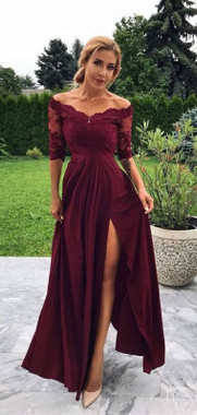Free Shipping Burgundy Off-The-Shoulder Short Sleeves Lace Appliques Side-Slit A-Line Prom Dress