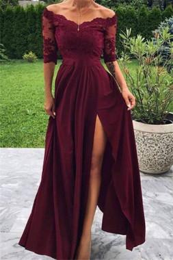Take Center Stage In Burgundy Off-The-Shoulder Short Sleeves Lace Appliques Side-Slit A-Line Prom Dress