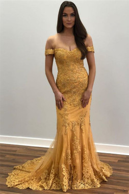 Be The Prom Queen In Appliques Tulle Mermaid Gold Off-The-Shoulder Prom Dress For You Next Prom Dance