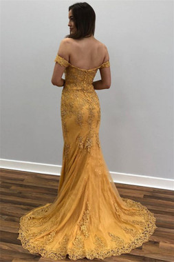 Hottest Items Appliques Tulle Mermaid Gold Off-The-Shoulder Prom Dress With 128 Colors Available
