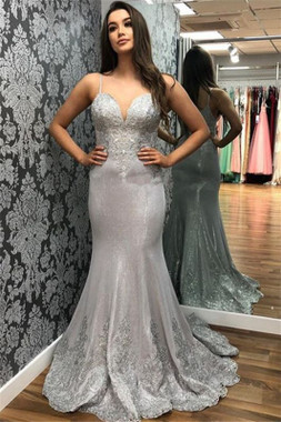 Don't Miss The Amazing & Affordable Spaghetti-Straps Applique Sliver Satin Tulle Mermaid Prom Dress