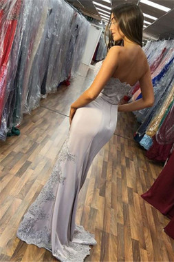 Instead Opt For a Stylish Strapless Appliques Satin Silver Side-Slit Mermaid Prom Dress