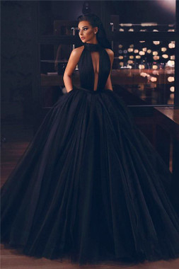 The Cheap Price High-Neck Black Tulle Sleeveless Ball Gown Evening Dress With Pockets For Your Big Night